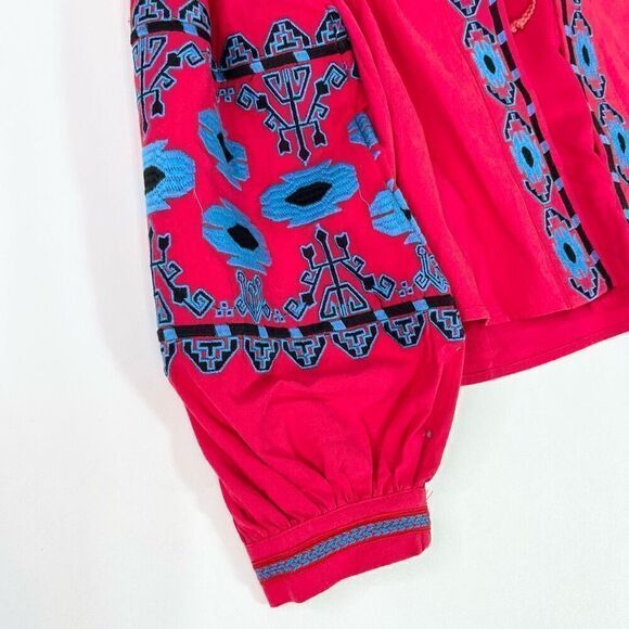 R. Vivimos Tie Front  Jacket Womens Medium Red Swingy Embroidered Aztec Bolero - Picture 2 of 9